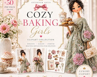 Cozy Baking Girls Clipart Bundle | PDF Files | Floral Coffee Girl| Junk Journal Kit | Printable Scrapbook | Feminine Cafe Aesthetic