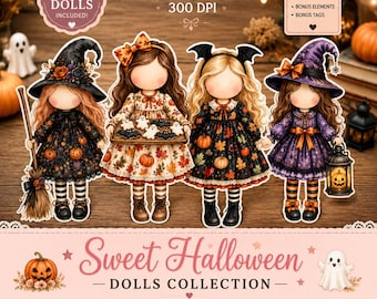 May include: A digital collection of four illustrated paper dolls featuring Halloween themes, including witches and autumn-inspired outfits. The set includes 25 dolls, 2 PDF files, 300 DPI, bonus elements, and tags, labeled as Sweet Halloween Dolls Collection.