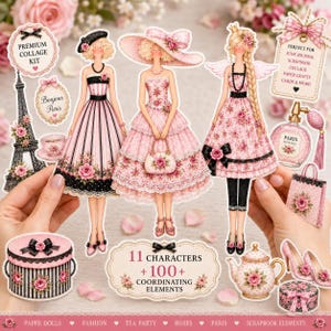 May include: A premium collage kit featuring paper dolls and decorative elements with pink rose motifs. Includes illustrations of three figures in dresses, an Eiffel Tower, a perfume bottle, a teapot, and text labels like Bonjour Paris.