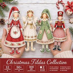 Puede incluir: Cuatro muñecas de papel ilustradas con temas navideños, que incluyen una figura con vestido rojo y bastón de caramelo, un ángel con alas, una figura con abrigo verde y una figura con uniforme rojo inspirada en un cascanueces, con detalles.