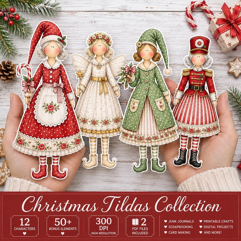 May include: Four illustrated paper dolls featuring Christmas themes, including a figure in a red dress with a candy cane, an angel with wings, a figure in a green coat, and a nutcracker-inspired figure in a red uniform, all with detailed patterns.
