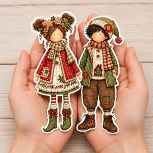 Christmas Patchwork Childas, 20 Printable Paper Doll Characters, 2 PDF Files, 300 DPI Digital Download