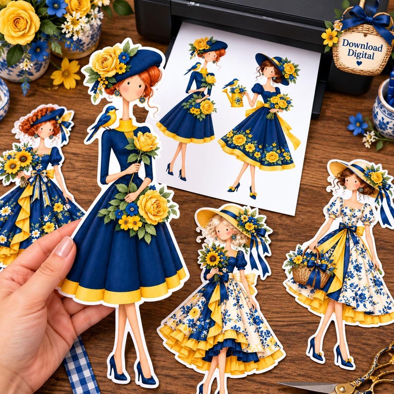 Blue & Yellow Garden Ladies Paper Dolls, 20 Floral Characters, PNG JPG ...