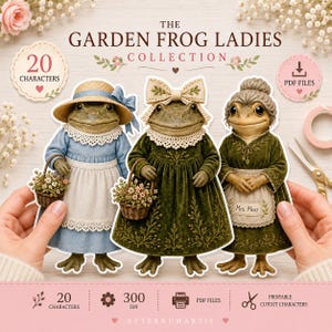 May include: The Garden Frog Ladies Collection features three frog characters in vintage-style clothing. One wears a blue dress and straw hat, another a green dress with a bow, and the third a green dress with an apron labeled Mrs. Moss.
