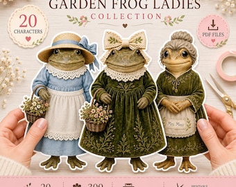 Könnte beinhalten: Die Garden Frog Ladies Collection zeigt drei Froschfiguren in Vintage-Kleidung. Eine trägt ein blaues Kleid und einen Strohhut, eine andere ein grünes Kleid mit Schleife und die dritte ein grünes Kleid mit einer Schürze mit der Aufschrift Mrs. Moss.