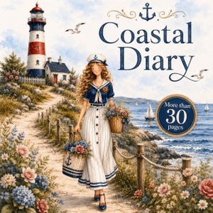 May include: A Coastal Diary book cover featuring a lighthouse, a path with flowers, and a person in a sailor-style dress carrying two baskets of flowers. The text reads Coastal Diary and More than 30 pages with an anchor icon above the title.