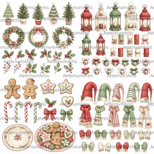 May include: A digital collection of Christmas-themed illustrations featuring pine trees, wreaths, lanterns, candles, jingle bells, gingerbread cookies, candy canes, bows, scarves, and mittens, all labeled with the watermark AeternumArtis.