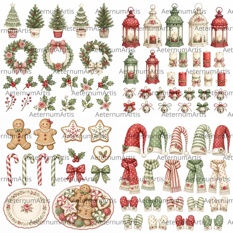 May include: A digital collection of Christmas-themed illustrations featuring pine trees, wreaths, lanterns, candles, jingle bells, gingerbread cookies, candy canes, bows, scarves, and mittens, all labeled with the watermark AeternumArtis.