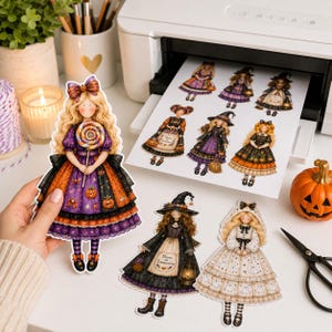 Halloween Printable Paper Doll Childas Clipart Collection, Whimsical Witch Doll Characters, 300 DPI Digital PDF, Halloween image 4