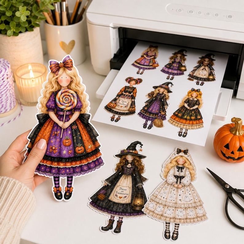 Halloween Printable Paper Doll Childas Clipart Collection, Whimsical Witch Doll Characters, 300 DPI Digital PDF, Halloween image 4