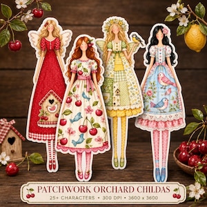 Puede incluir: Cuatro muñecas de papel ilustradas con cabello largo y vestidos con patrones de cerezas, pájaros y flores. Las muñecas tienen alas o detalles florales y se muestran sobre el texto PATCHWORK ORCHARD CHILDAS, 25+ CHARACTERS, 300 DPI, 3600 x 3600.