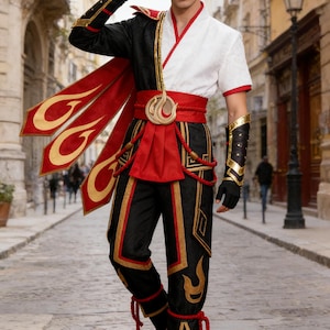 May include: A cosplay costume with a white and black top, red accents, and black trousers with gold detailing. The outfit includes gold arm cuffs and a red sash. The costume has a Japanese design aesthetic, with a decorative belt buckle.