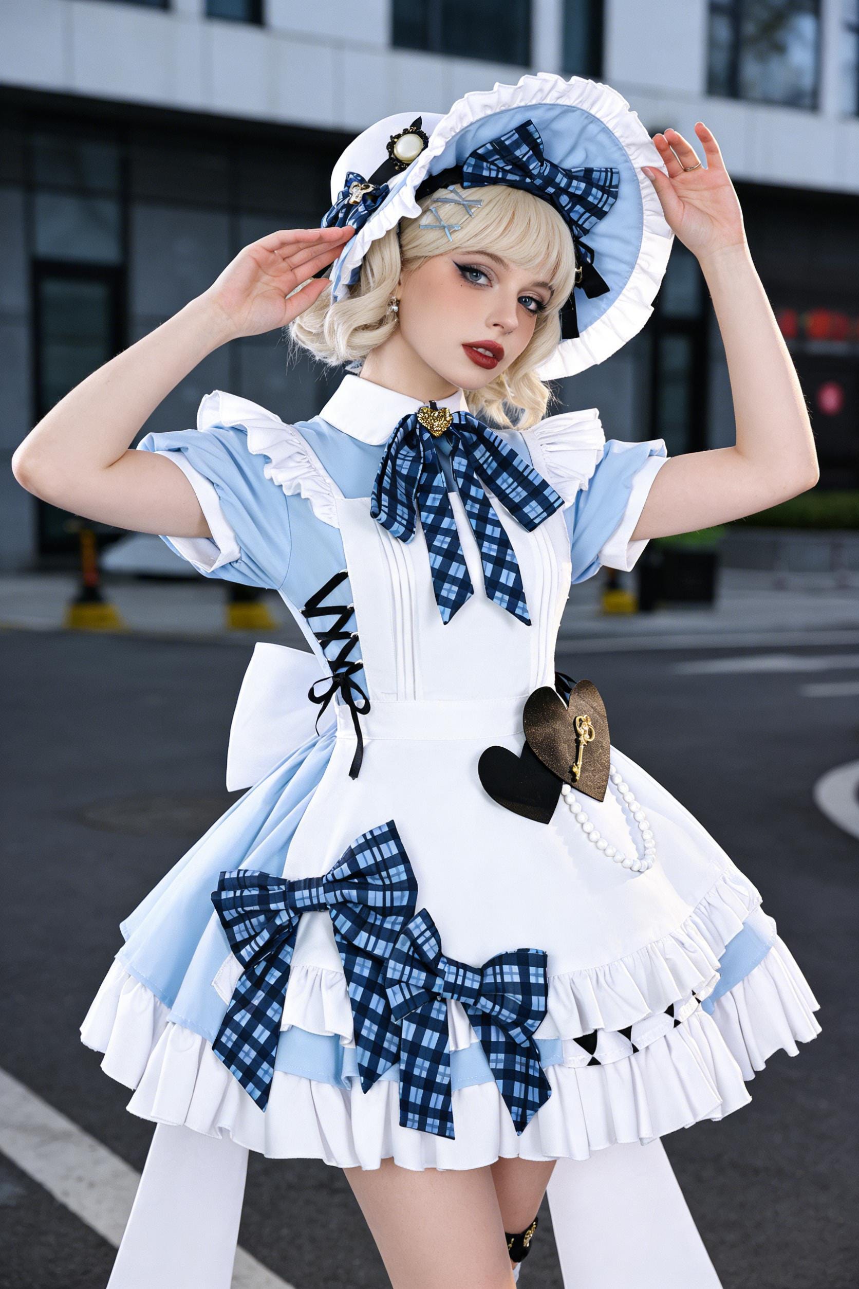 blue and white maid dress Uniform For commission clearance33 Light Blue Mini Dress Neck:17