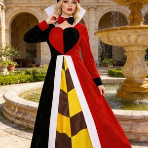 Handmade Queen of Hearts Dress, Alice Wonderland Cosplay Costume, Red Black Heart Court Gown