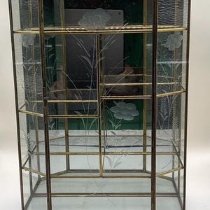 May include: A hexagonal glass display cabinet with a brass frame, featuring etched floral designs on the glass panels. The cabinet includes a hinged door and multiple internal shelves, providing a clear view of the interior space from all sides.
