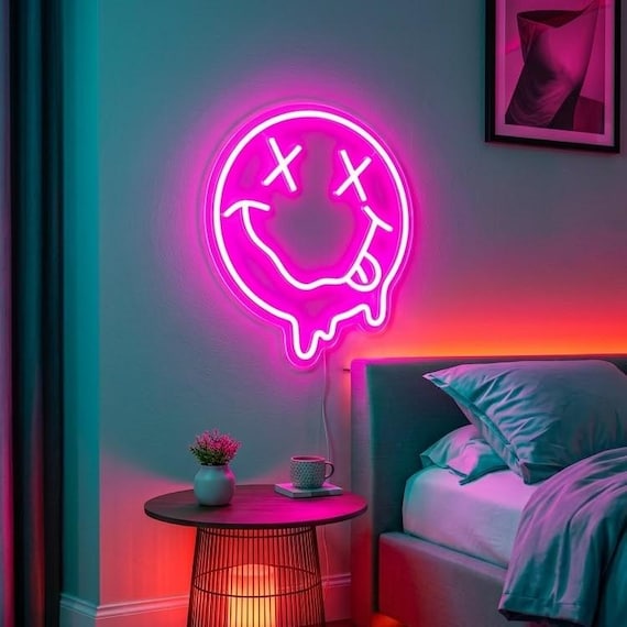 Pink Smiley Ghost Neon Sign, Nirvana Inspired LED Wall Art, Gaming Bedroom Decor