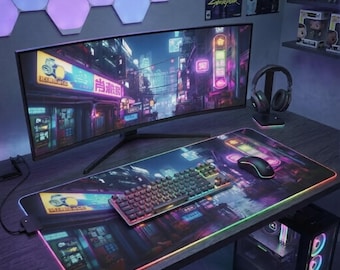 ネオンサイバーパンクシティ LED ゲーミングマウスパッド | RGB デスクマット