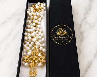 Wedding Lasso: White Pearl Beads, Gold-Tone Cross, Catholic Ceremony Symbol