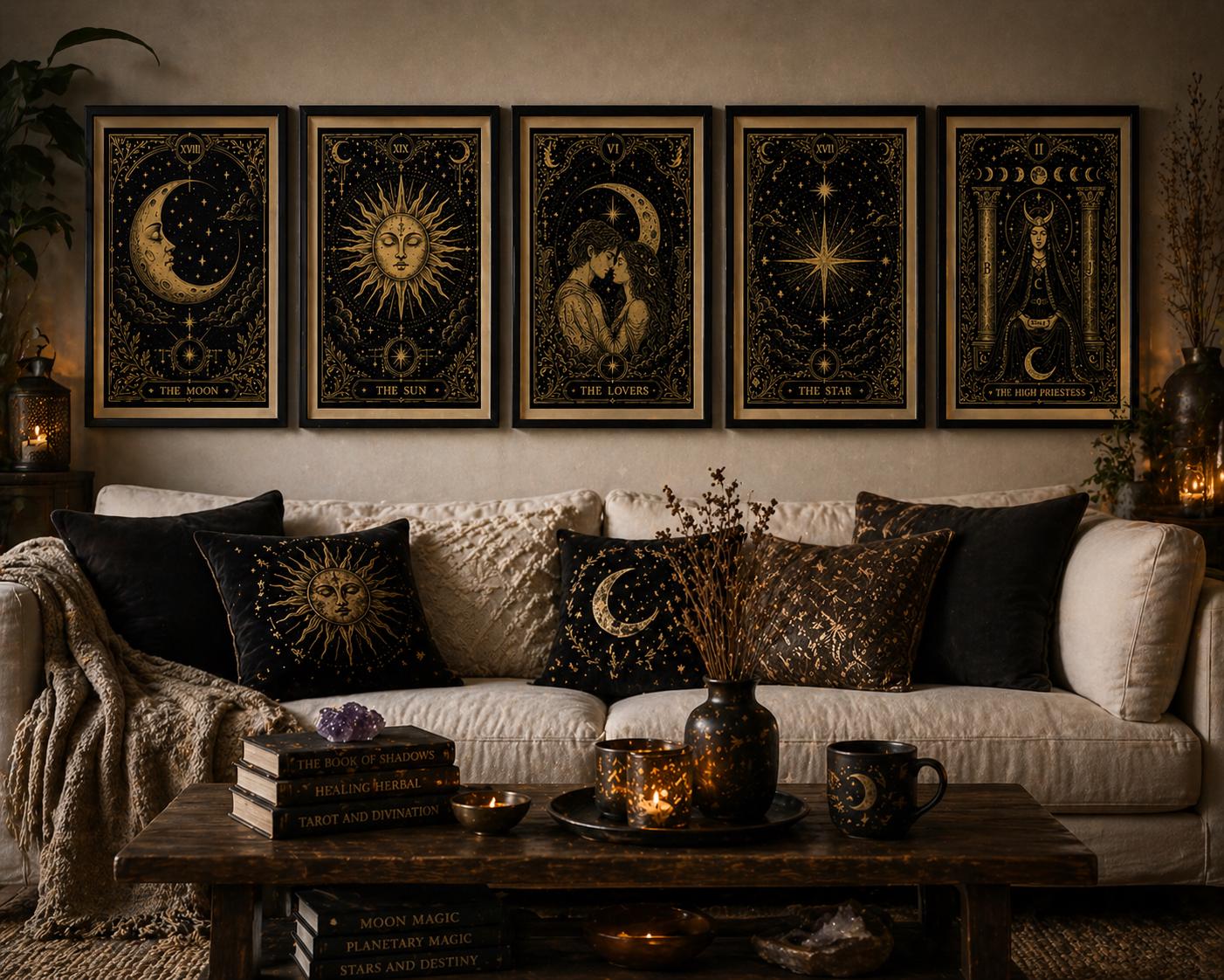 Celestial Tarot Wall Art Set of 5, Witchy Decor Prints, Mystical Moon ...