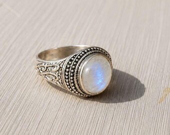 Moonstone Statement Ring | Vintage Silver Moonstone Ring | Handmade Oval Gemstone Ring | Boho Sterling Silver Ring | Unique Artisan Jewelry