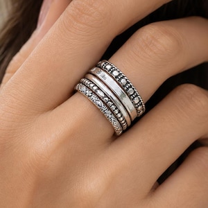 925 Sterling Silver Ring Set, 5 Piece Stacking Rings, Silver Stackable Rings, Floral Boho Ring Set, Women Gift, Handmade Silver Jewelry
