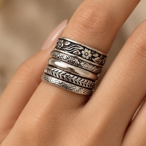 925 Sterling Silver Ring Set, 5 Piece Stacking Rings, Silver Stackable Rings, Floral Boho Ring Set, Women Gift, Handmade Silver Jewelry
