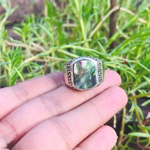 Natural Abalone Shell Signet Ring for Men - Sterling Silver Cushion Cut Paua Shell Ring with Greek Key Pattern, Vintage Nautical