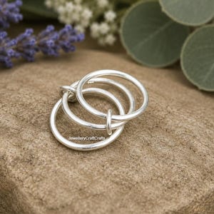 Könnte beinhalten: Ein silberner Ring mit drei ineinandergreifenden Kreisen. Die Ringe sind glatt und glänzend und liegen auf einer strukturierten, braunen Oberfläche. Der Hintergrund umfasst verschwommenes Grün und Blumen.