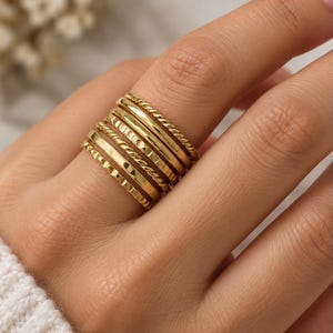 14K Solid Yellow Gold Ring Set of 7, Stackable Handmade Bands, Minimalist Boho Jewelry