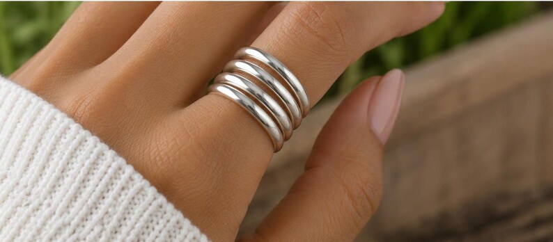 Silver Stackable Ring Set | Boho Statement Band Rings | Handmade Fashion Jewelry zdjęcie 3