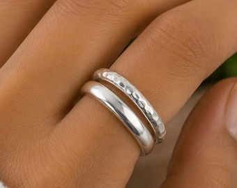 Hammered And Plain Ring Set | Stackable Silver Band Rings | Minimalist Jewelry