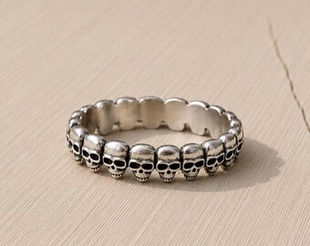 Skull Band Ring | Gothic Silver Statement Ring | Punk Rock Skull Ring for Women & Men | Alternative Jewelry | Halloween Gift