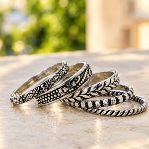 925 Sterling Silver Ring Set, 5 Piece Stacking Rings, Silver Stackable Rings, Floral Boho Ring Set, Women Gift, Handmade Silver Jewelry