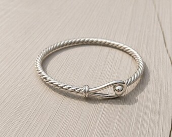 Twisted Silver Hook Bangle | Nautical Rope Bracelet for Women | Minimalist Silver Cuff | Stackable Statement Bangle | Everyday Jewelry Gift