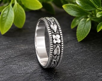 Anello a fascia floreale in argento | Anello floreale d'ispirazione vintage | Gioielli minimalisti ispirati alla natura | Anello in argento da donna per tutti i giorni