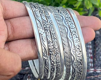 9-Piece Silver Floral Bangle Set | Elegant Flower Design Women Bracelet Set | Trendy Fashion Jewelry
