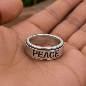 Peace Engraved Silver Band Ring | Minimalist Statement Ring | Inspirational Word Ring | Everyday Jewelry Gift for Women & Men