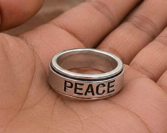Peace Engraved Silver Band Ring | Minimalist Statement Ring | Inspirational Word Ring | Everyday Jewelry Gift for Women & Men