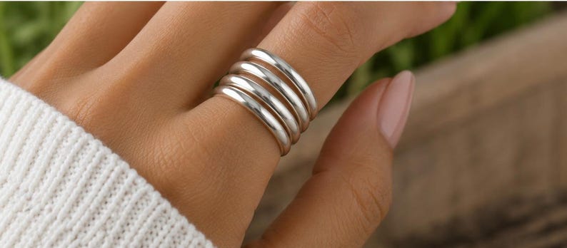 Silver Stackable Ring Set | Boho Statement Band Rings | Handmade Fashion Jewelry zdjęcie 5