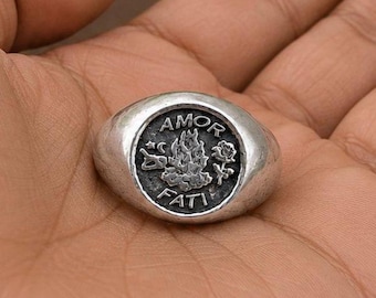 Amor Fati Silver Signet Ring | Vintage Philosophy Ring | Engraved Statement Ring | Stoic Jewelry Gift for Men & Women