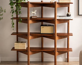 Mid Century Narrow Shelf - Wooden Display Bookcase, Slim Storage Shelving, Minimalist Living Room Furniture