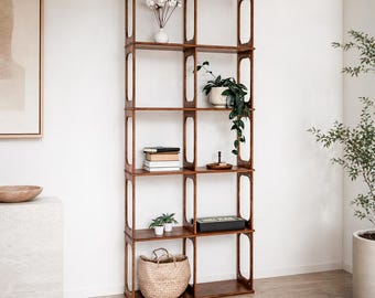 Mid Century Illuminator Shelf - Tall Wooden Display Bookcase, Narrow Open Shelving, Minimalist Storage Furniture