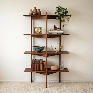 Mid Century Tripod Shelf - Wooden Display Bookcase, Minimalist Standing Shelving, Living Room Storage Furniture