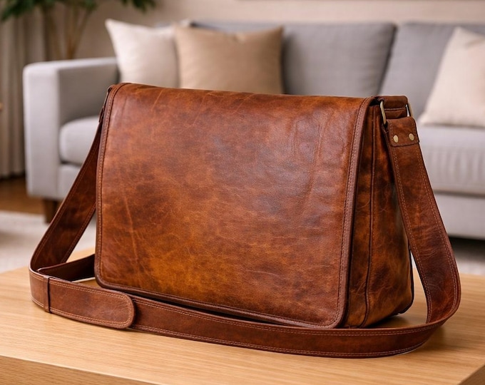 Featured listing image: Men's Leather Messenger Bag, Vintage Laptop Briefcase, Handmade Crossbody Work Bag