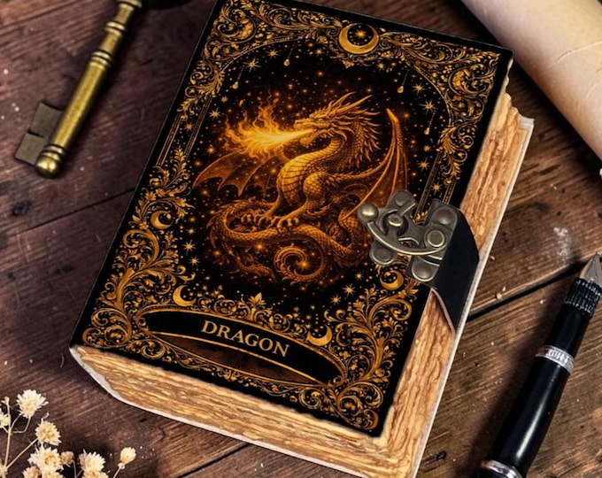 Featured listing image: 400 Pages Dragon Leather Journal Sketchbook with Lock | Deckle Paper Spellbook | 4 Sizes | Fantasy Sketchbook | Gift for Him Her DnD Lover