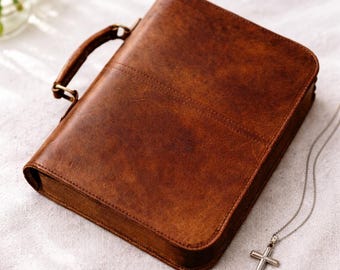 Leather Bible Cover with Zipper, Handmade Leather Bible Case, Rustic Bible Holder, Christian Gift, Leather Journal Cover, Prayer Book Cover