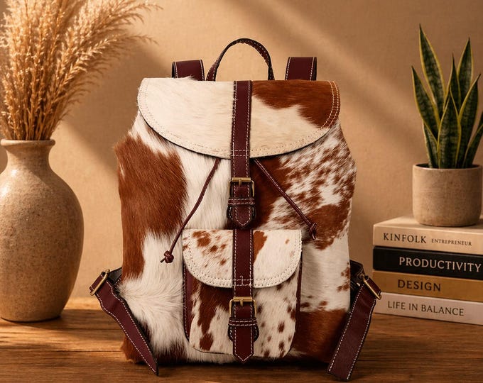 Featured listing image: Cowhide Leather Backpack, Hairon Leather Bag, Handmade Rustic Backpack, Western Style Travel Bag, Vintage Leather Rucksack, Gift for Her