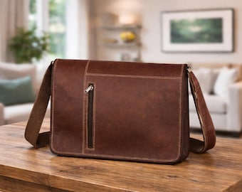 Leather Messenger Bag for Men Women, Vintage Laptop Bag, Brown Black Crossbody Satchel, Office Work Bag, Handmade Leather Briefcase