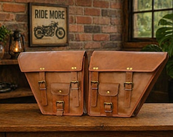 Leather Motorcycle Saddle Bags Set Brown Handmade Bike Panniers, Angled Harley Saddlebag, Vintage Rider Storage Bags Gift
