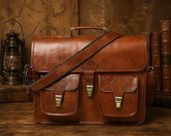 Bolso bandolera de cuero vintage, maletín de cuero hecho a mano, bolso para portátil, bolso de trabajo de cuero para hombre, bolso de hombro para la oficina, regalo para él.